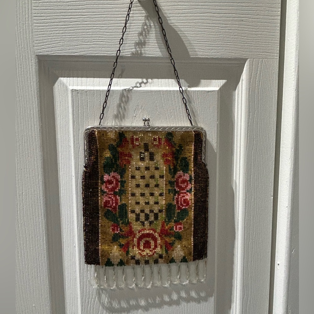 Antique 1920s Hand-Beaded Evening Bag | Floral Art Deco Glass Fringe